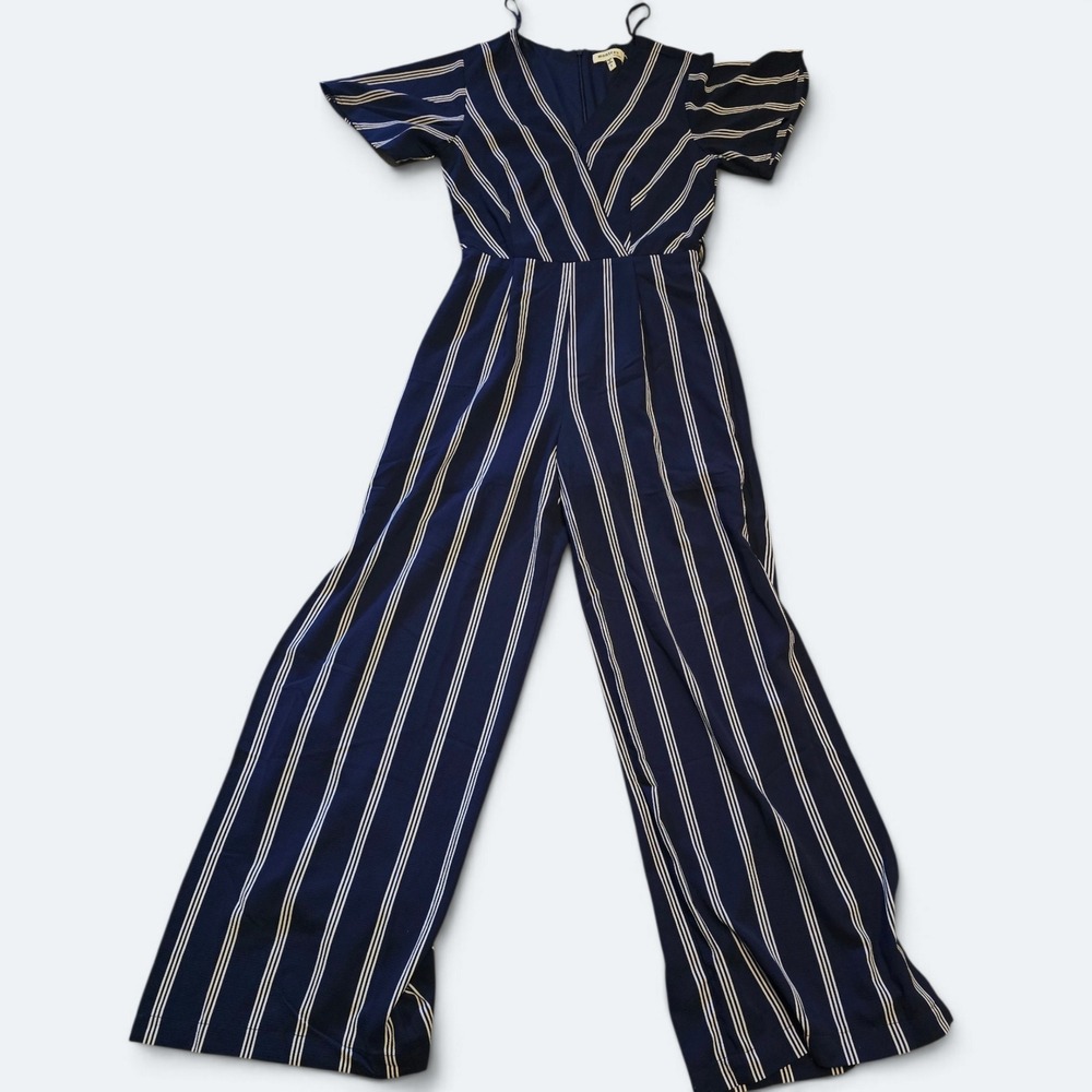 Monteau Los Angeles Navy Blue Striped Wide Leg Jumpsuit V-Neck Womens Small